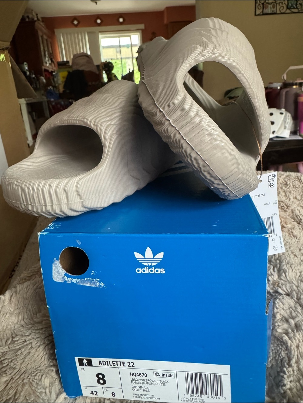 adidas mens Adilette Slide Sandals in Light Beige